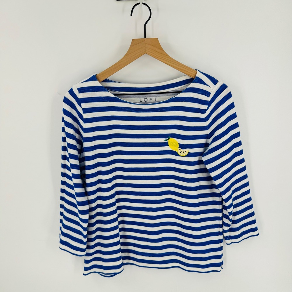 LOFT Blue Striped Embroidered Lemon Boatneck Top Size‎ S Nautical Fruit Coastal